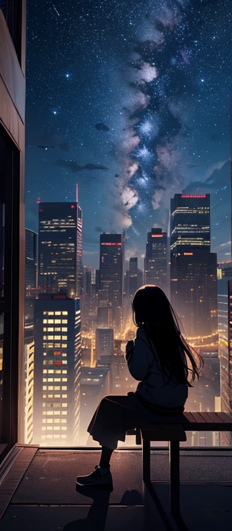 Octane, null, star (null), scenery, starry null, night, One girl, night null, alone, Outdoor, building, cloud, milky way, Sitting,隣りに猫がSitting、 wood, Long Hair, city, silhouette, cityscape