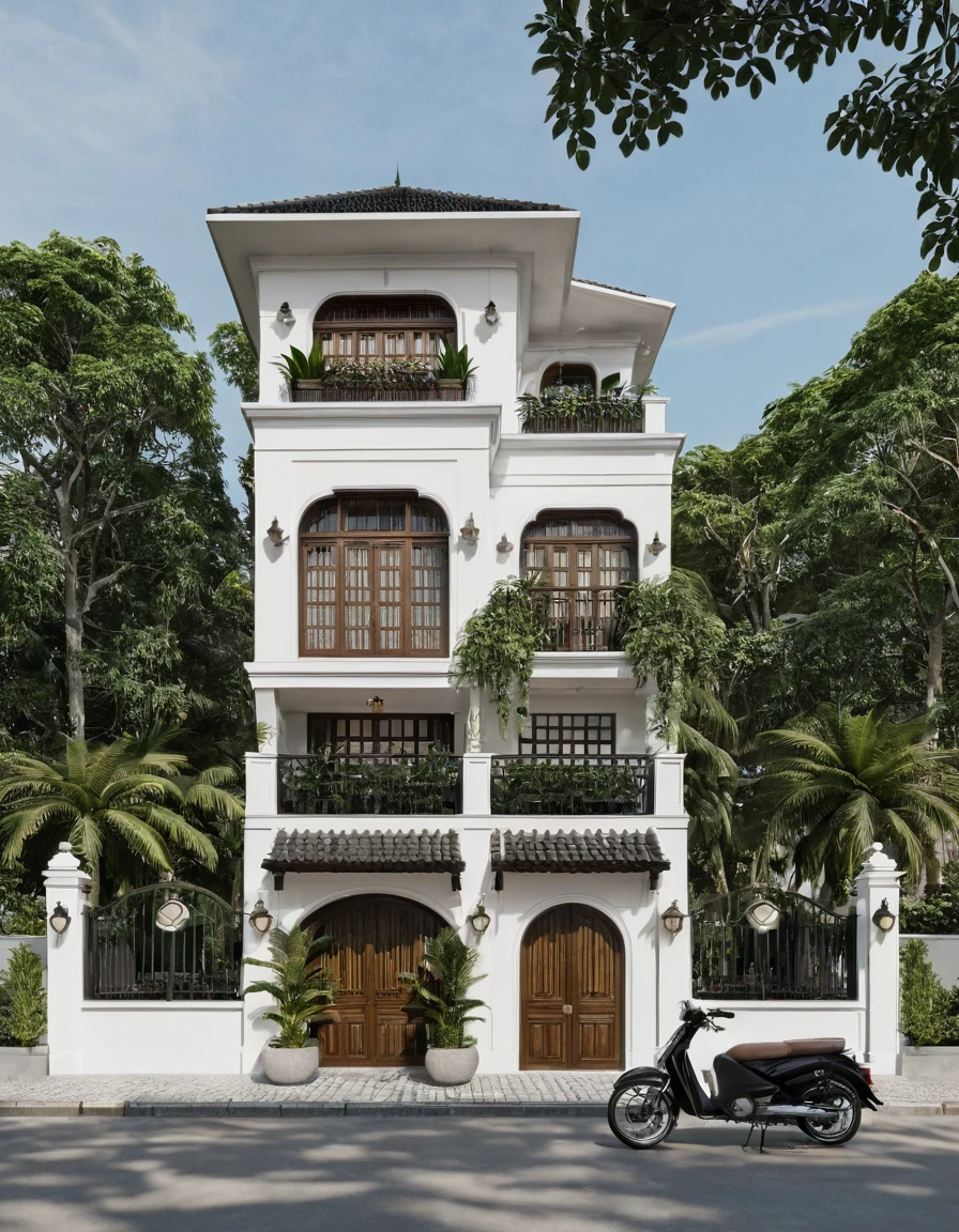 Render a 10-meter-wide, 6-story Indochine-style townhouse situated in an urban setting. The townhouse features an elegant white facade with traditional Indochine architectural elements, including arched windows, wooden shutters, and decorative railings. The roof is designed with a two-sided slope running from front to back, similar to the style of houses in Hoi An. The exterior walls are adorned with subtle, ornate details that reflect the Indochine style. Incorporate artistic wooden louver panels (lam gỗ) on the exterior for added visual interest and architectural depth. The ground floor includes a welcoming entrance with classic wooden furniture and traditional lanterns. The street is lined with cobblestone pavement, tropical plants, and urban elements such as street lamps and parked bicycles, creating a harmonious blend of traditional and urban aesthetics.
8k resolution, UHD, high-quality detail, Indochine style, 5-meter-wide facade, 3-story, white exterior, arched windows, wooden shutters, decorative railings, two-sided sloping roof, Hoi An style, classic wooden furniture, traditional lanterns, ornate details, artistic wooden louver panels, urban setting, street view, cobblestone pavement, tropical plants, street lamps, parked bicycles, harmonious blend of traditional and urban aesthetics.