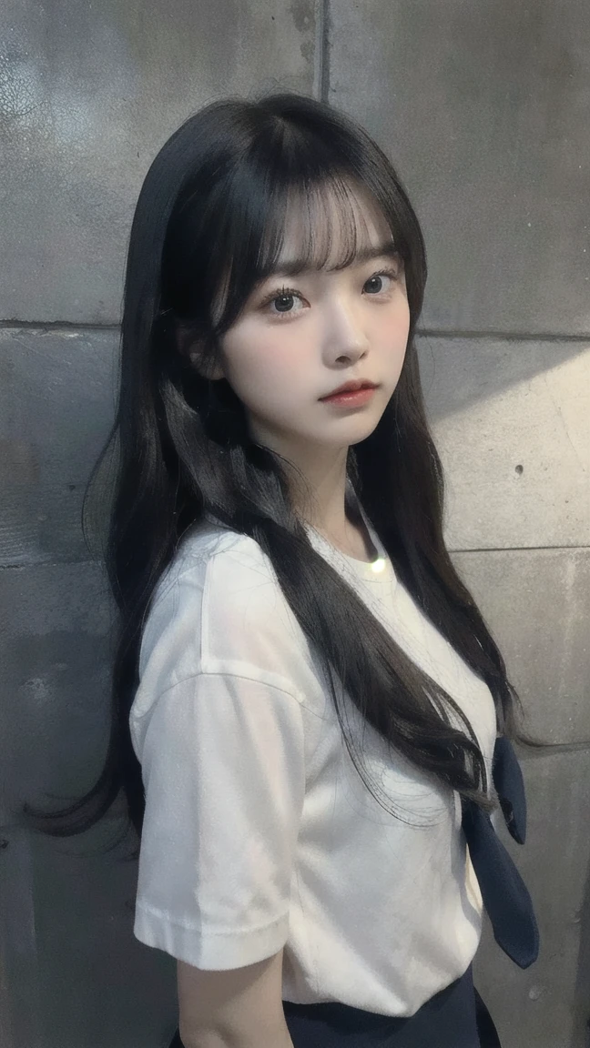 Portrait of a young East Asian girl in a navy blue and white sailor-style . She has long black hair styled in two braids, with straight bangs across her forehead. The girl has large, dark eyes and a small, delicate nose. Her expression is neutral, looking directly at the camera. The background shows a dark blue wooden wall with some green ivy or vine leaves visible to the side. The lighting is soft and natural, creating a slightly moody atmosphere. High-resolution image with sharp focus on the face