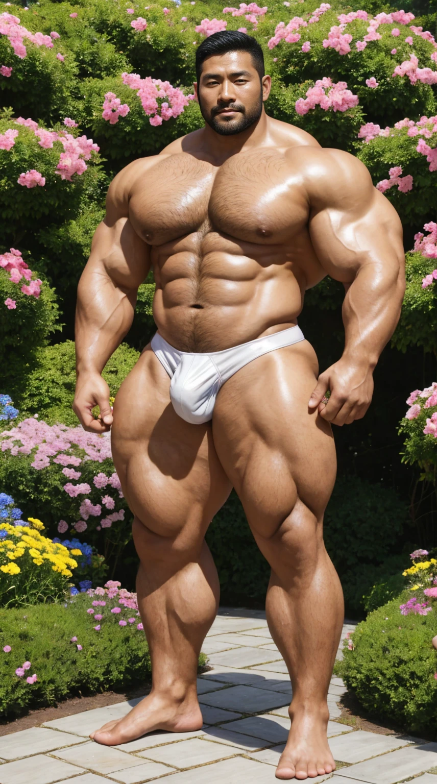 There is only one handsome Asian actor in the photo,35 years old,High target, Fitness,short hair, O-Shaped Beard,Perfect body, Dark skin color,Radiant Skin,Smooth skin,Shiny, shiny skin,Smooth pectoral muscles,No chest hair,No body hair,Muscle bulge, muscular, Very large pectoral muscles,Very sexy abdominal muscles,Very well-developed leg muscles,Huge concave and convex area,Brightens oily skin,Wearing a white leather thong,Handsome face,Normal human toes,Correct and accurate male body proportions,,Standing in the fantasy flowers, charming dream scene, Lots of flowers in the background,Create a mysterious and charming feeling。