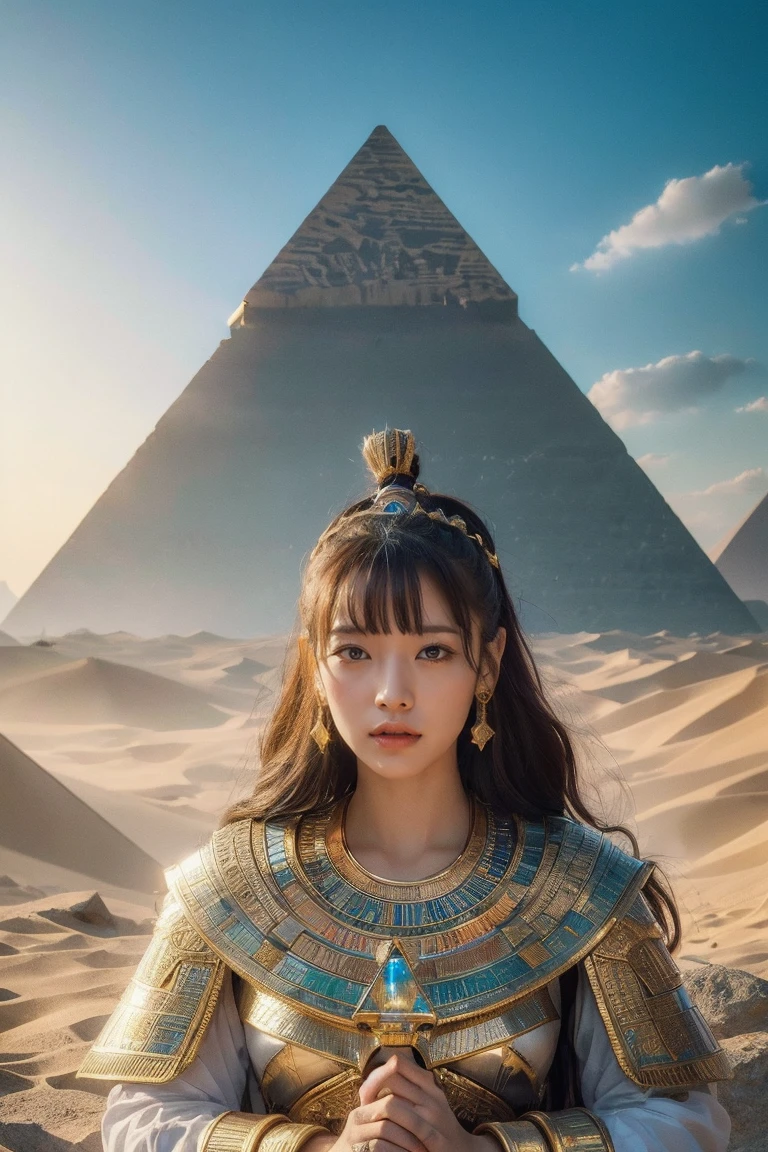 ((Highest quality、8K、masterpiece:1.3))、Photorealistic, Sharp focus, high resolution, High resolution, Portraiture, One person, woman, beautiful woman, sexy、古代エジプトを歩くエジプトのwoman戦士、Complex technology, Pyramids and ancient Egyptian cities far away、cyber-、Light and shadow、Cyan Light、