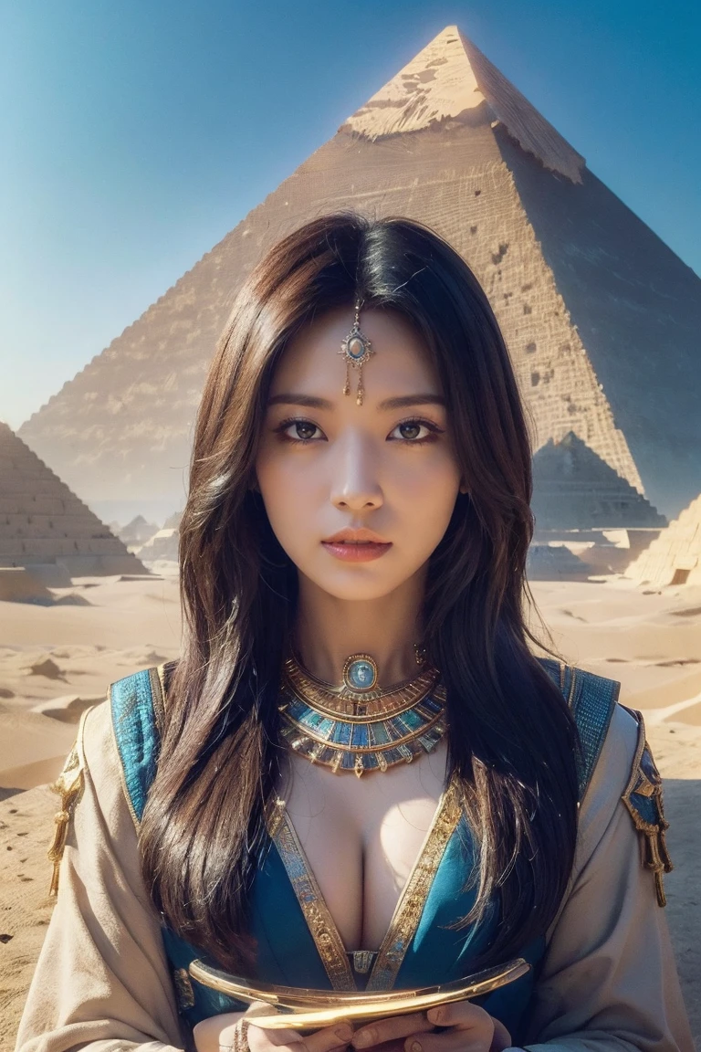 ((Highest quality、8K、masterpiece:1.3))、Photorealistic, Sharp focus, high resolution, High resolution, Portraiture, One person, woman, beautiful woman, sexy、古代エジプトを歩くエジプトのwoman戦士、Complex technology, Pyramids and ancient Egyptian cities far away、cyber-、Light and shadow、Cyan Light、