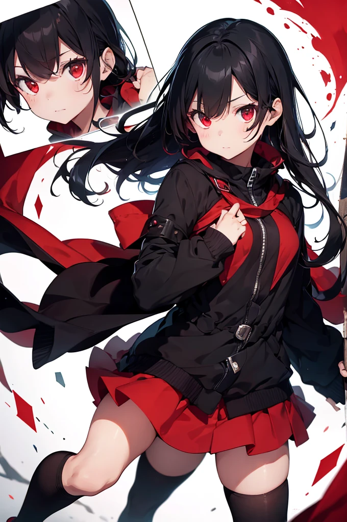 1woman,shot black hair,red eyes,black cloak mixed with red,black skirt,with long socks,teen