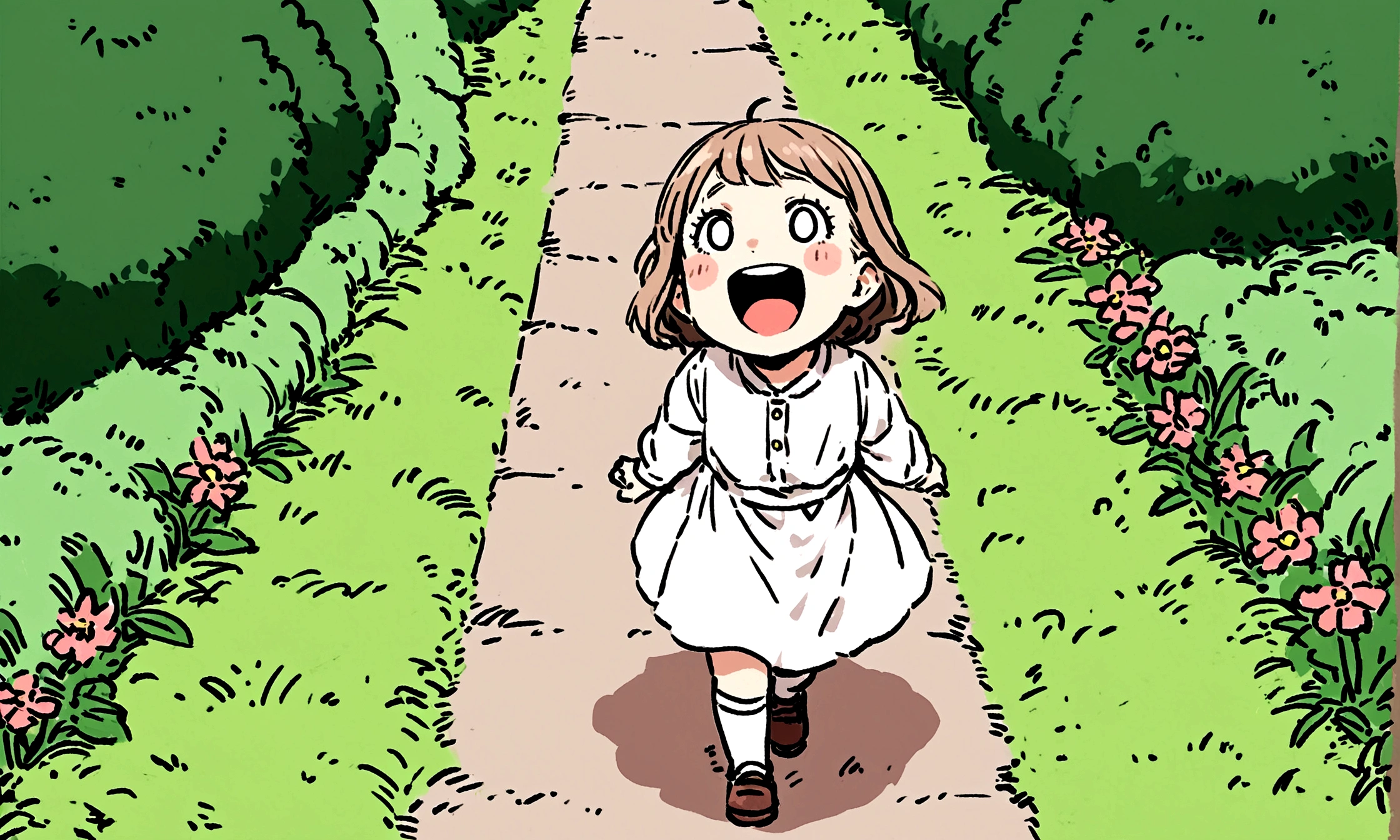 A 5--old l is laughing, Walking the garden path, The round-eyed cat followed behind..