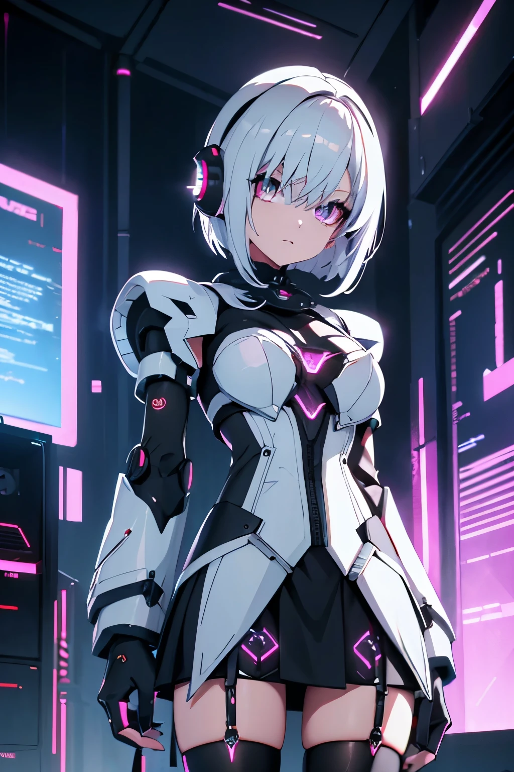 Android Girl,white hair,short and messy hair, purple neon eyes, Holding a chain whip,chains on the hands,chains action, very cute, skirt, white blouse, cyberpunk style, eletronic gloves, mecanic parts, eletronic details,living room background.HD lighting and dark )(epic image quality) dark atmosphere with bright particle light(many effects in background), dinamic shot, robot, neon tweaks, cyberpunk theme