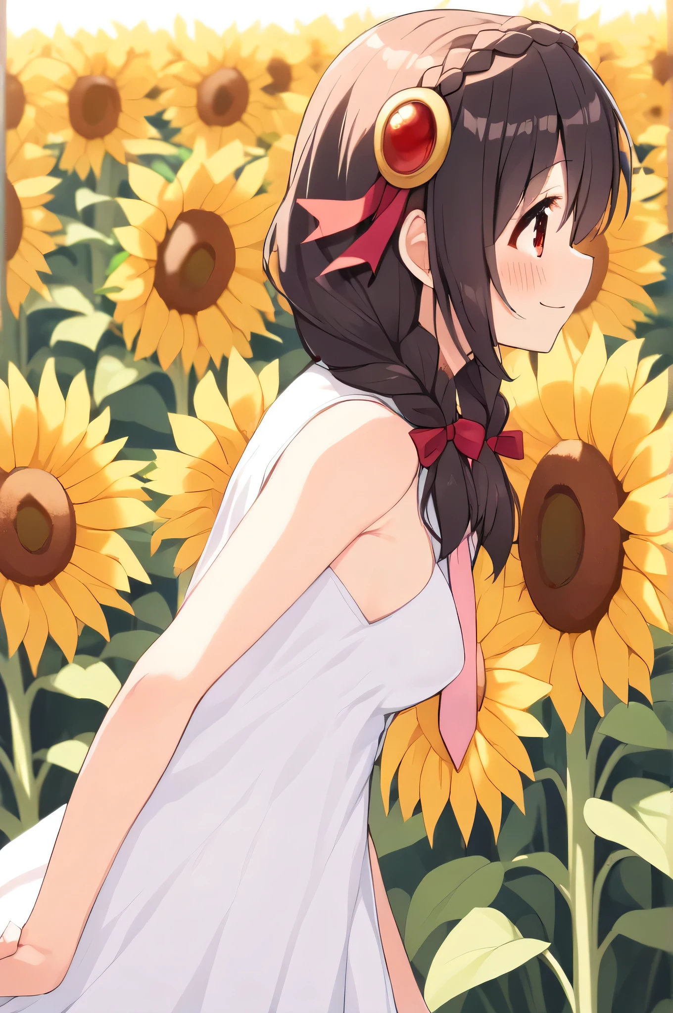 alone, One girl、Crown braids in the same color as your hair, hair ornaments, Hair Ribbon, Pink tie, (White dress), Sunflower field、Red Eyes、Black Hair、(blush:1.4)、(Very smiling profile:1.2)、Slightly larger breasts