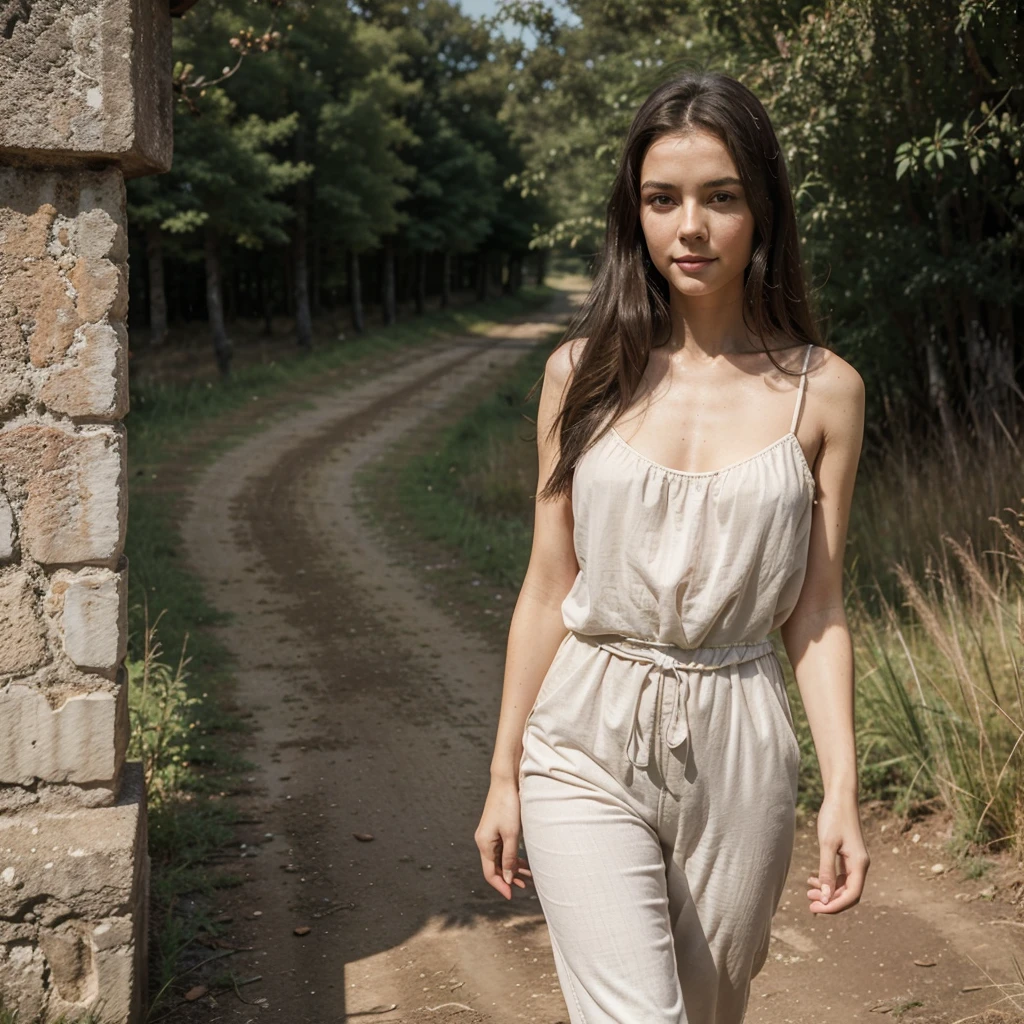 1womanl, 30years, delicate face mysterious symmetrical beautiful, realisitic, 4k photography, skin fair, medium mouth, ssmile, long dark hair, walk in the countryside, paisagem realisitic de sitio, pants, chemise, Waist slender, medium hip, thick legs, plain features, discreet clothing, Selfie, standing