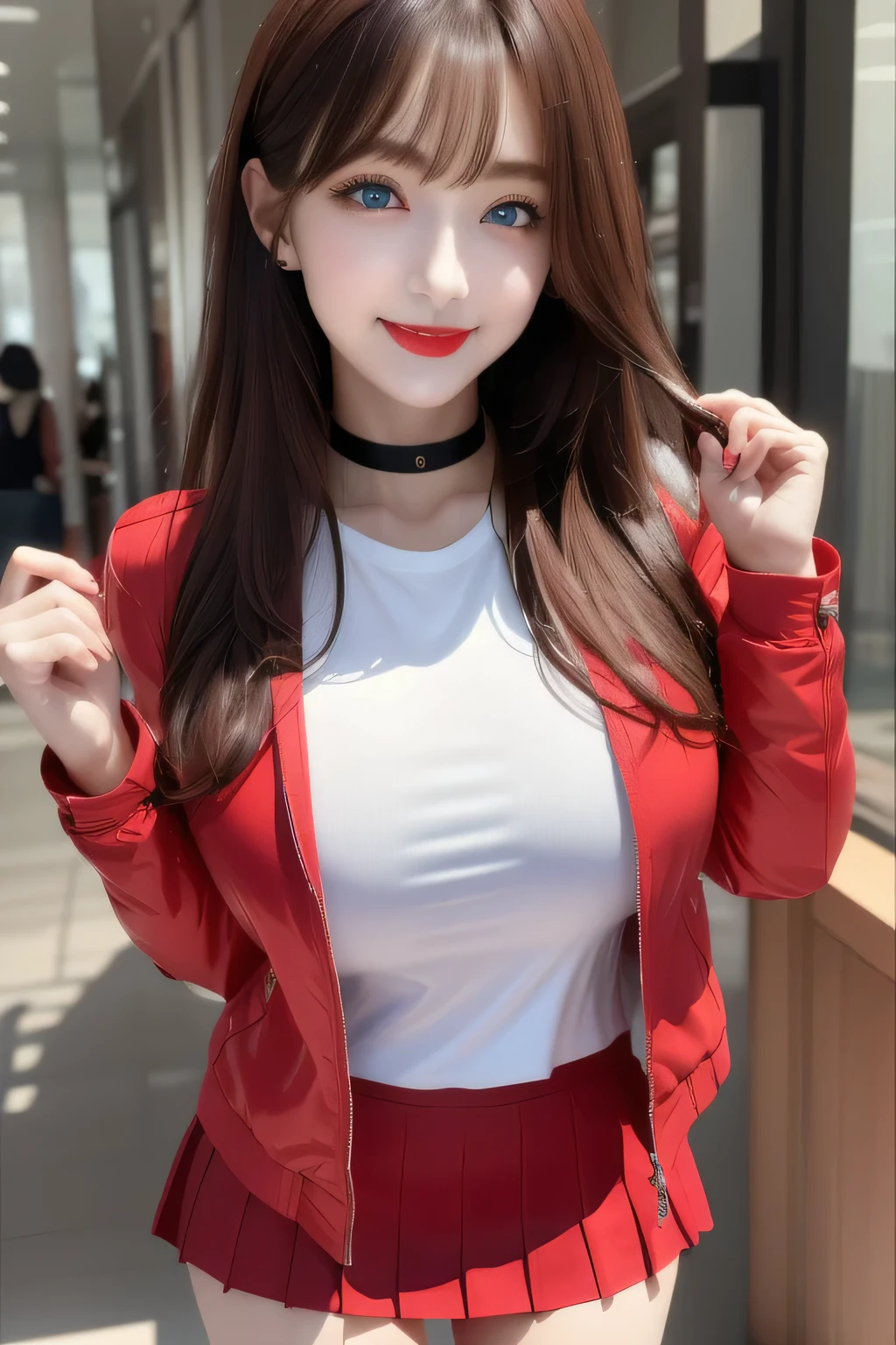 100 Girls,Crowded, Long Hair, Brown Hair, sexy, A line of girls, Girls in line, Girls only, Sisters, ((tight white shirt、Bright red jacket、Black Mini Skirt))，Full body photo:1.9， Adorable， smile， Slim face, the body is slim， Short Brown Hair， 32k, masterpiece， Best image quality，Ultra-high resolution，Perfect hands，Black Choker、blue eyes、bangs、Very lush and long eyelashes, Lots of girls、((Big Breasts)), Dependents, Big Breasts, Red lipstick