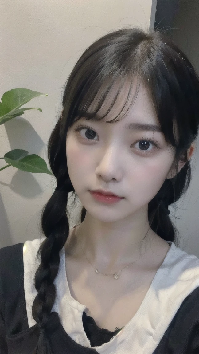 Portrait of a young East Asian girl in a navy blue and white sailor-style . She has long black hair styled in two braids, with straight bangs across her forehead. The girl has large, dark eyes and a small, delicate nose. Her expression is neutral, looking directly at the camera. The background shows a dark blue wooden wall with some green ivy or vine leaves visible to the side. The lighting is soft and natural, creating a slightly moody atmosphere. High-resolution image with sharp focus on the face