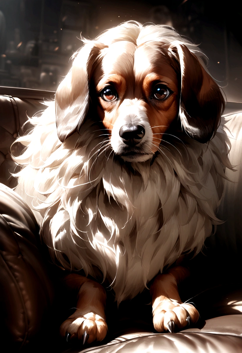 Miniature Dachshund,Sit on a home sofa,Looking into the camera,Cream-colored fur,Large ears,Fluffy fur,Realistic texture,Small dogs,2,monochromatic