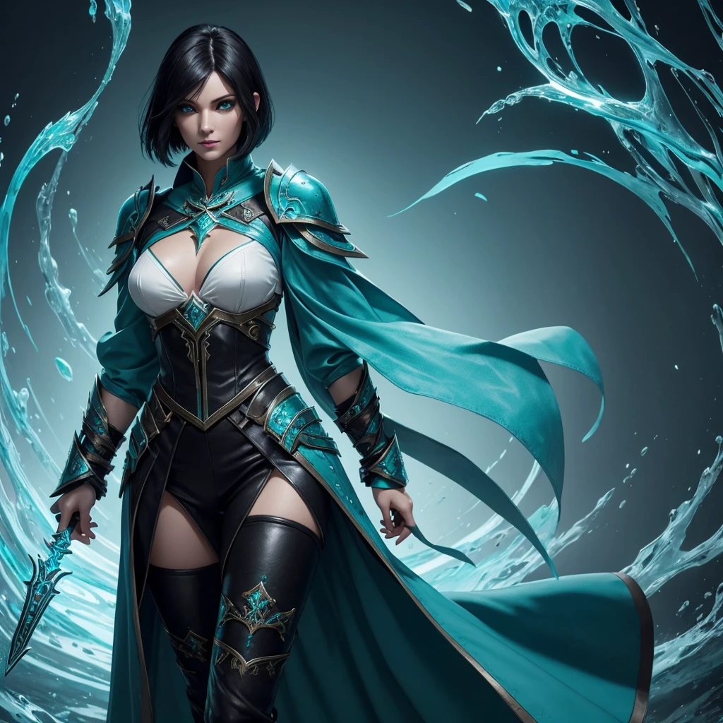 Female human, Fathomless Warlock, Runic teal stylish glamoured leather top armor, Beautiful thin and tall, pale with teal eyes, and short black hair, happy, water sorceress, pretty, young, kind, beautiful, friendly, cute, bright teal eyes,