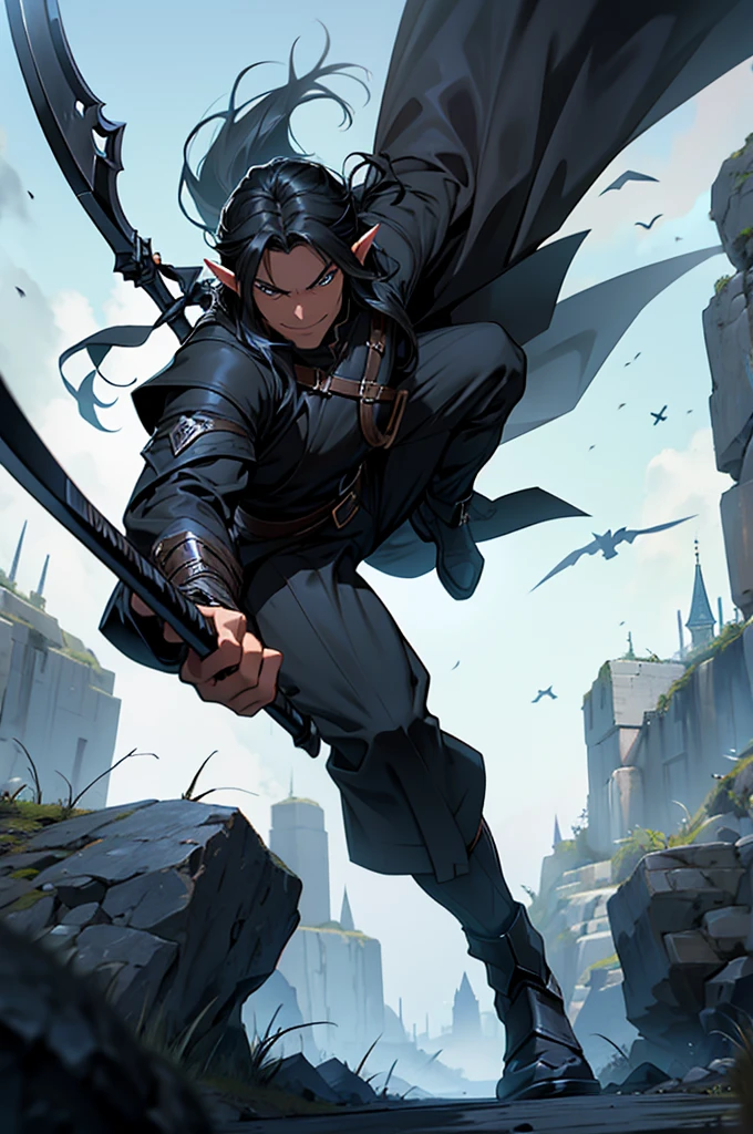 Mature man, long black hair, dark skinned, elf, battle mage outfit, swinging a black scythe, action pose, evil smile