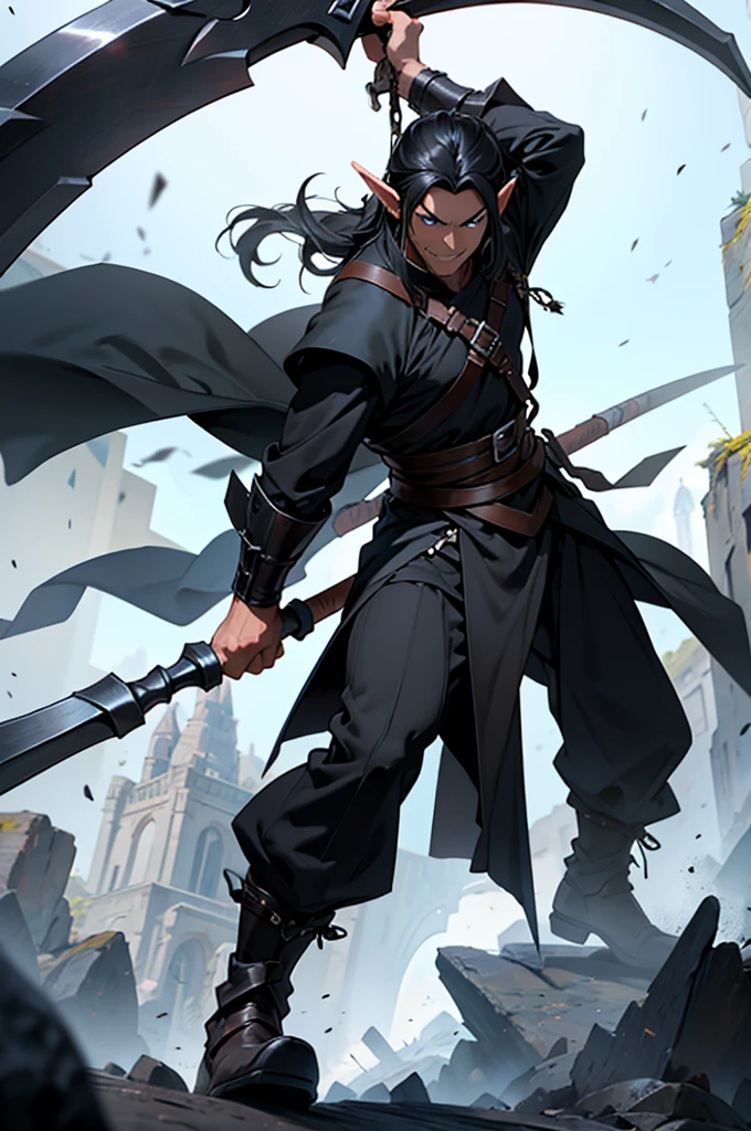 Mature man, long black hair, dark skinned, elf, battle mage outfit, swinging a black scythe, action pose, evil smile