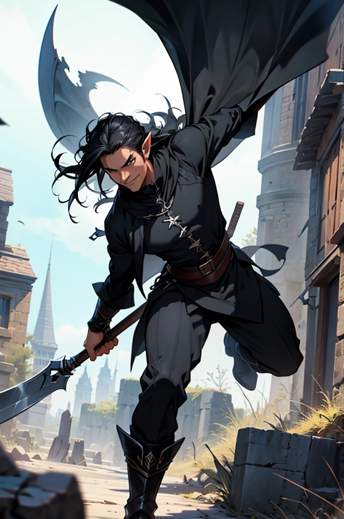 Mature man, long black hair, dark skinned, elf, battle mage outfit, swinging a black scythe, action pose, evil smile