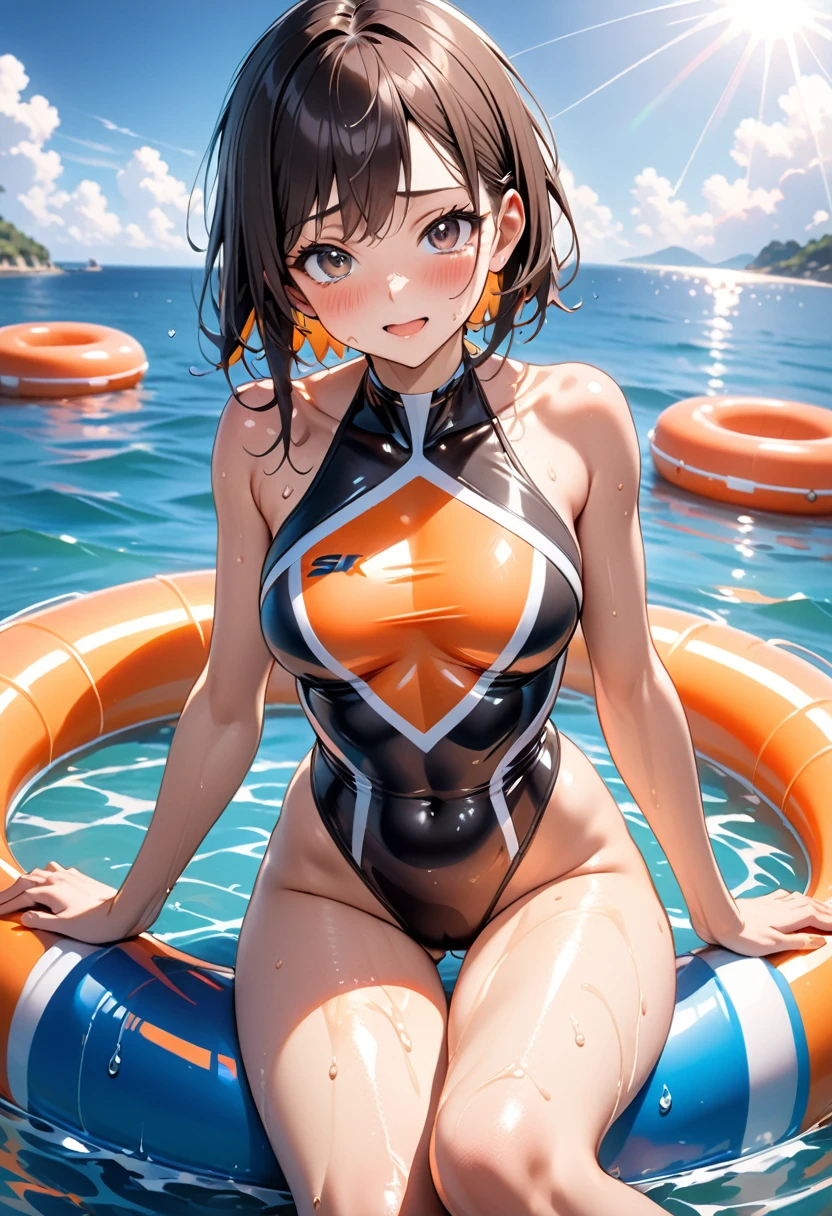 ((Lying on a rubber boat floating on the sea)), ((halterneck one-piece swimsuit)), ((The swimsuit glows fluorescent orange.)), skindentation, skinny, solo, 1 woman, Masterpiece, highest quality, highest quality, 16K, incredibly absurd, highly detailed, 2.5D, ai-generated, delicate and dynamic, very delicate facial expressions, delicate eye depiction, erotic, only sexy woman, ((A cute and kind face)), healthy figure, 25-year-old woman, bride, 160cm tall, medium firm swaying bust, (dark hair), black eye, blush, Sweat,Embarrassed,sexy, ((thin thighs)), (Erect nipples:0.6), ((shiny and lustrous)), facing straight at viewer, ((brown black skin)), ((Oily_skin)), sweaty skin, wet skin, tan, dutch angle, sexy pose, Dynamic poses, ((Summer Sea)), Strong sunlight, ((Lying)),