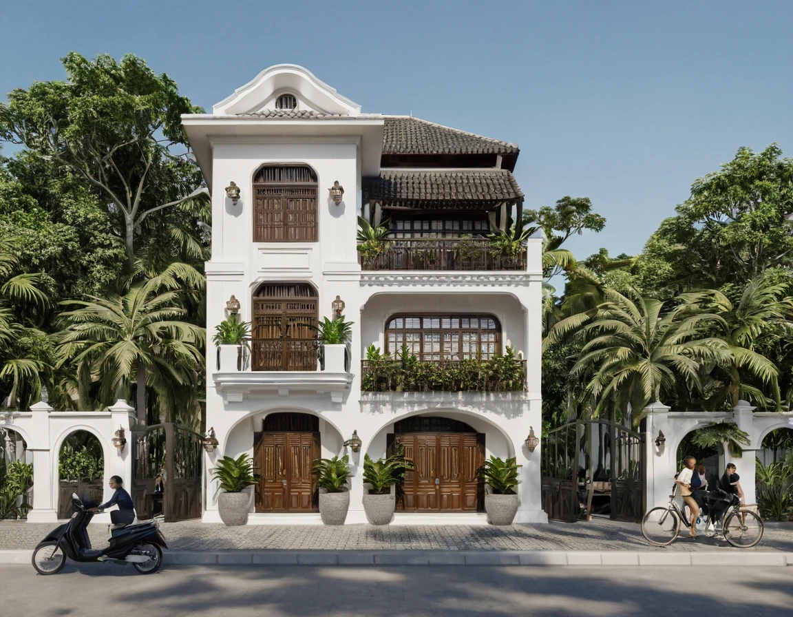 Render a 10-meter-wide, 6-story Indochine-style townhouse situated in an urban setting. The townhouse features an elegant white facade with traditional Indochine architectural elements, including arched windows, wooden shutters, and decorative railings. The roof is designed with a two-sided slope running from front to back, similar to the style of houses in Hoi An. The exterior walls are adorned with subtle, ornate details that reflect the Indochine style. Incorporate artistic wooden louver panels (lam gỗ) on the exterior for added visual interest and architectural depth. The ground floor includes a welcoming entrance with classic wooden furniture and traditional lanterns. The street is lined with cobblestone pavement, tropical plants, and urban elements such as street lamps and parked bicycles, creating a harmonious blend of traditional and urban aesthetics. 8k resolution, UHD, high-quality detail, Indochine style, 5-meter-wide facade, 3-story, white exterior, arched windows, wooden shutters, decorative railings, two-sided sloping roof, Hoi An style, classic wooden furniture, traditional lanterns, ornate details, artistic wooden louver panels, urban setting, street view, cobblestone pavement, tropical plants, street lamps, parked bicycles, harmonious blend of traditional and urban aesthetics.
