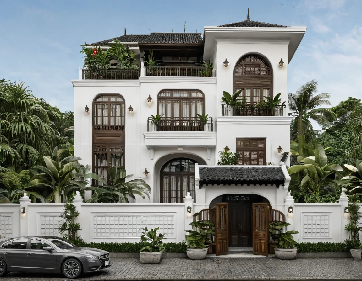 Render a 10-meter-wide, 6-story Indochine-style townhouse situated in an urban setting. The townhouse features an elegant white facade with traditional Indochine architectural elements, including arched windows, wooden shutters, and decorative railings. The roof is designed with a two-sided slope running from front to back, similar to the style of houses in Hoi An. The exterior walls are adorned with subtle, ornate details that reflect the Indochine style. Incorporate artistic wooden louver panels (lam gỗ) on the exterior for added visual interest and architectural depth. The ground floor includes a welcoming entrance with classic wooden furniture and traditional lanterns. The street is lined with cobblestone pavement, tropical plants, and urban elements such as street lamps and parked bicycles, creating a harmonious blend of traditional and urban aesthetics. 8k resolution, UHD, high-quality detail, Indochine style, 5-meter-wide facade, 3-story, white exterior, arched windows, wooden shutters, decorative railings, two-sided sloping roof, Hoi An style, classic wooden furniture, traditional lanterns, ornate details, artistic wooden louver panels, urban setting, street view, cobblestone pavement, tropical plants, street lamps, parked bicycles, harmonious blend of traditional and urban aesthetics.