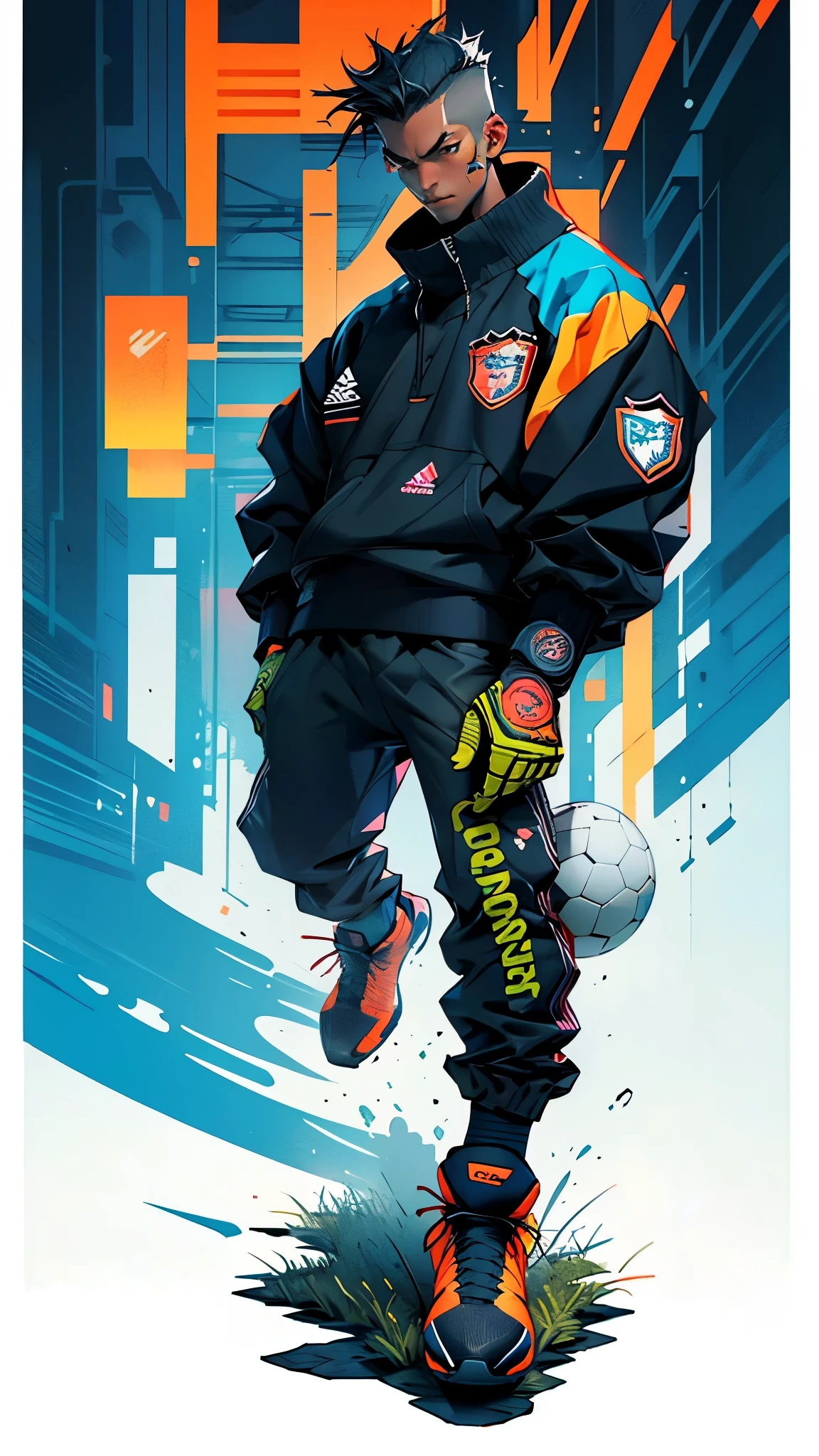 cartoon of a male goalkeeper in uniform catching a soccer ball,dynamic pose, soccer player, sports team, created in Adobe Illustrator, soccer player, official art, football, official illustration, cyberpunk, city background, top view, full body portrait, facing viewer, jumping