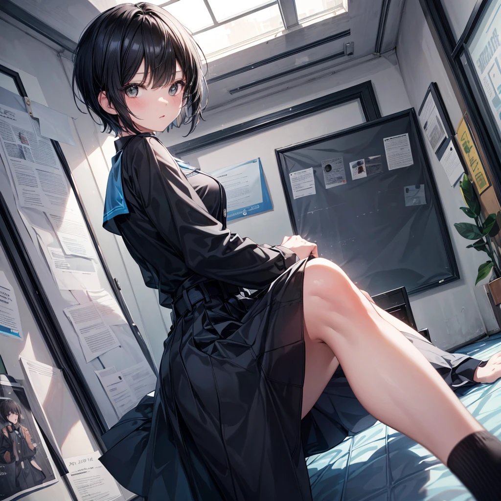 ******** boy, blue eyes, anime style, black short hair, smile, blushing, really feminine but still a boy, attractive clothes, high heels, lying on a bed, full body 