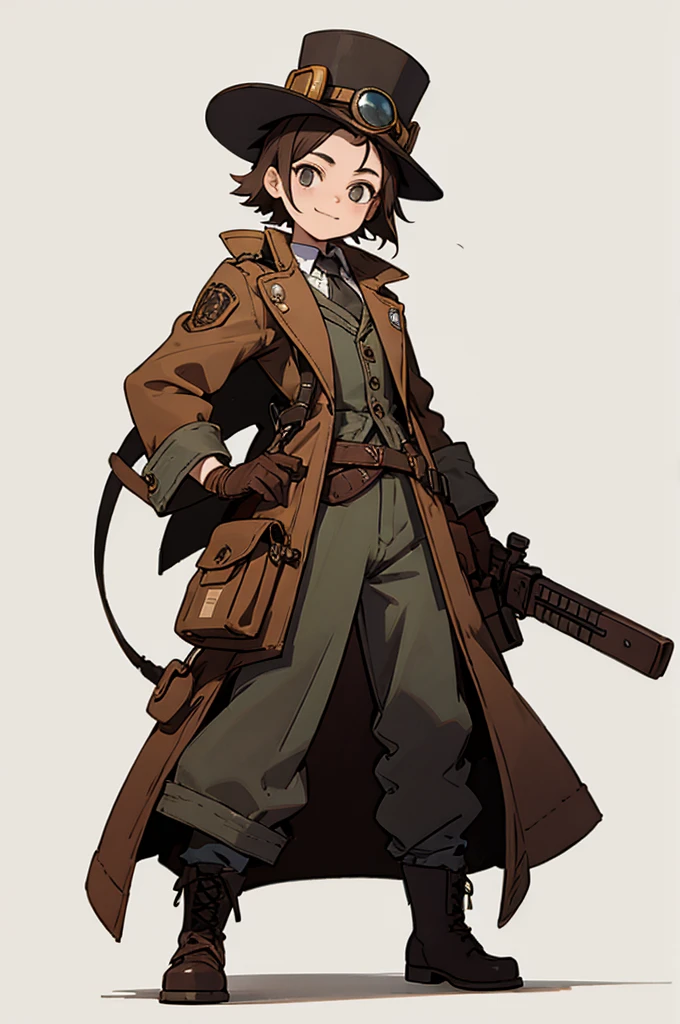 1.steampunk,,Goggles on the forehead,hat,A fake smile,gloves,whole body,boots,pants,White background, woman