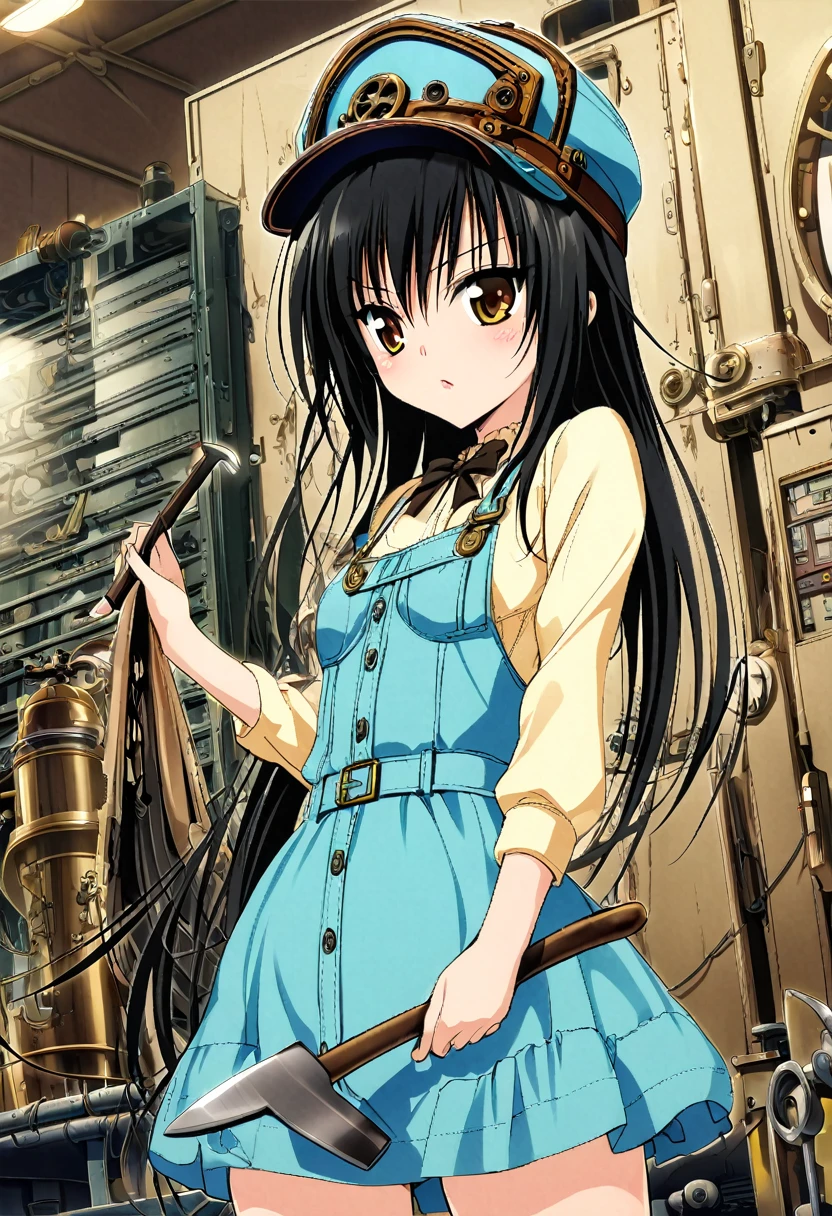 One girl, kotegawa yui, to love-ru,perfect body,black Hair, long Hair, brown eyes,cap,dress,longsleeve,holding a tool,Maintenance Room,
break,A steampunk aesthetic with Victorian-era machinery, brass gears, and an overall retro-futuristic feel."
