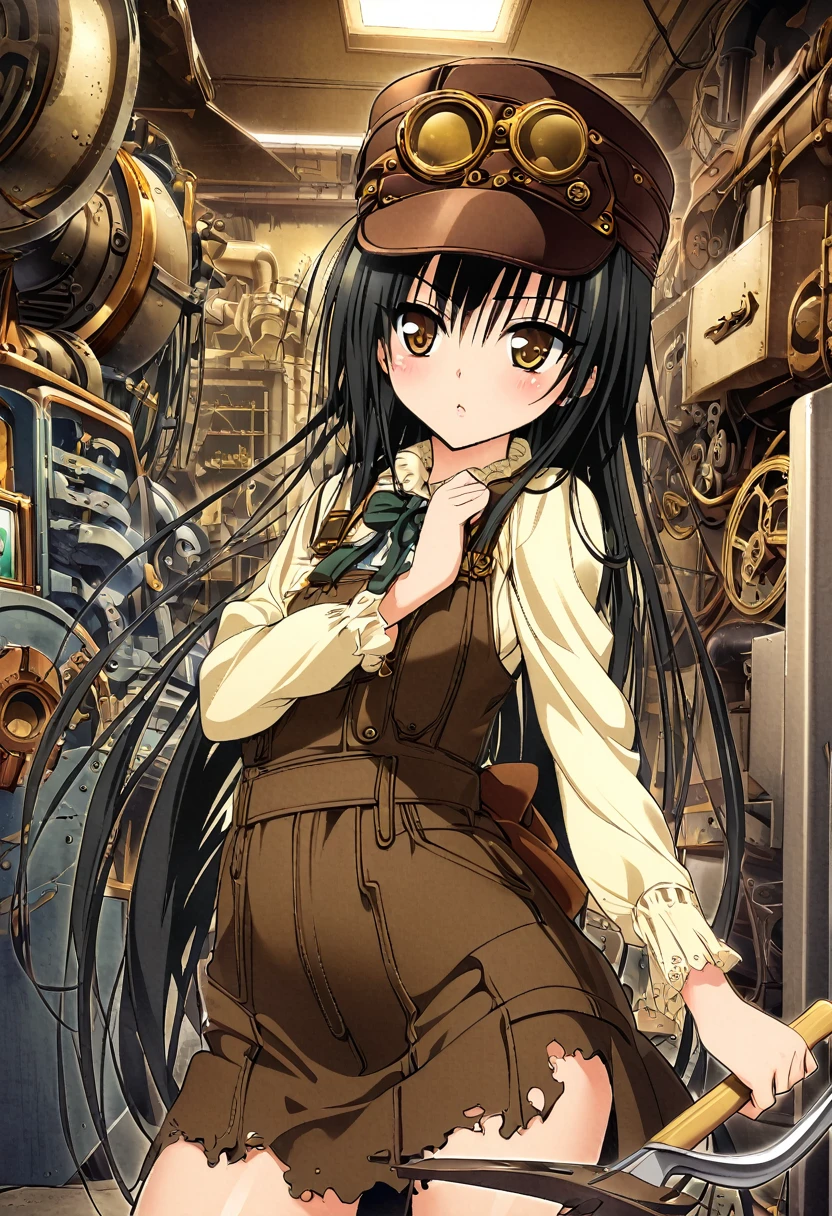 One girl, kotegawa yui, to love-ru,perfect body,black Hair, long Hair, brown eyes,cap,dress,longsleeve,holding a tool,Maintenance Room,
break,A steampunk aesthetic with Victorian-era machinery, brass gears, and an overall retro-futuristic feel."
