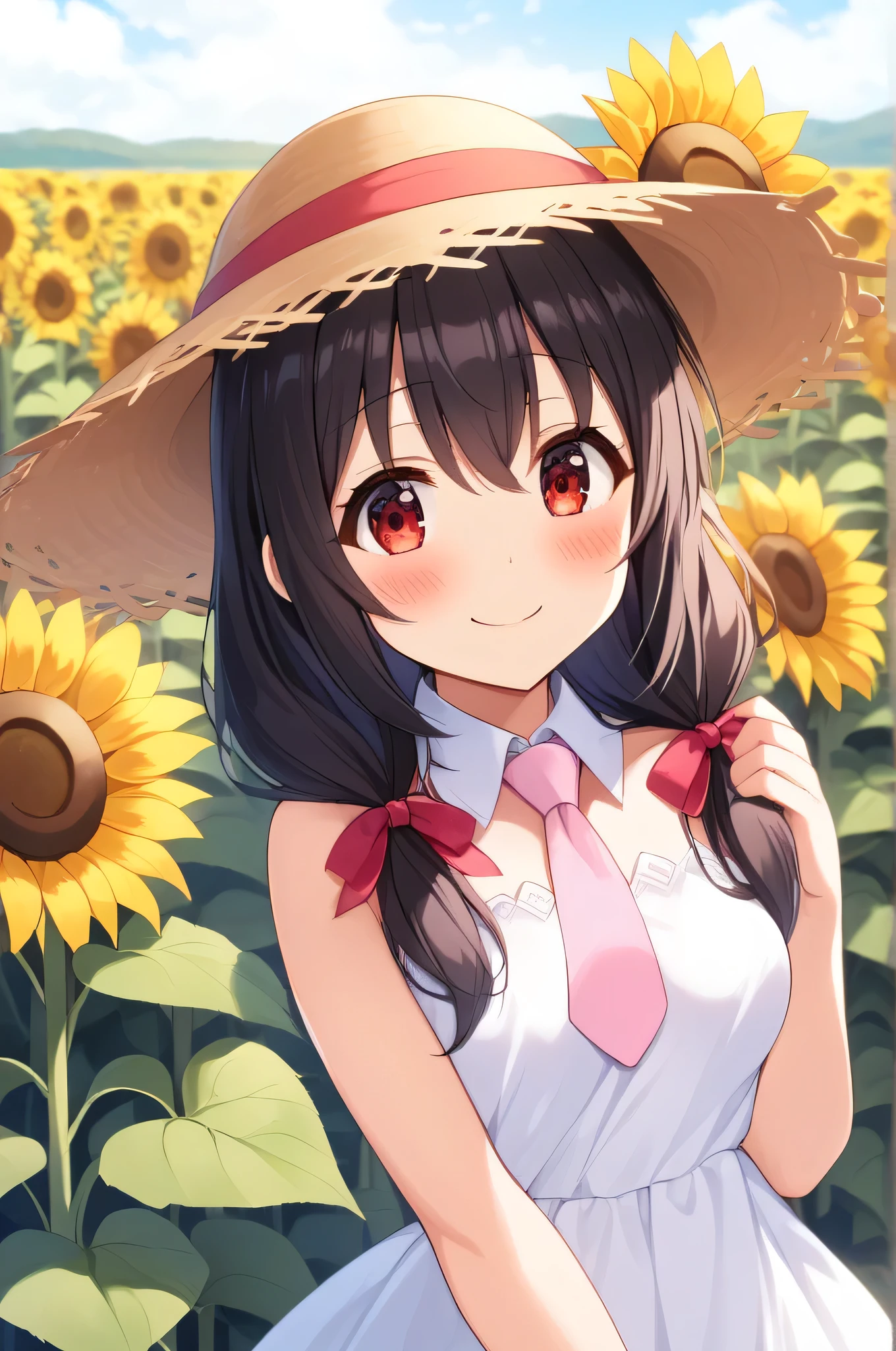 alone, One girl、 Hair Ribbon, Pink tie, (White dress), Sunflower field、Red Eyes、Black Hair、(blush:1.5)、(Very smiling:1.4)、Slightly larger breasts、Wearing a straw hat