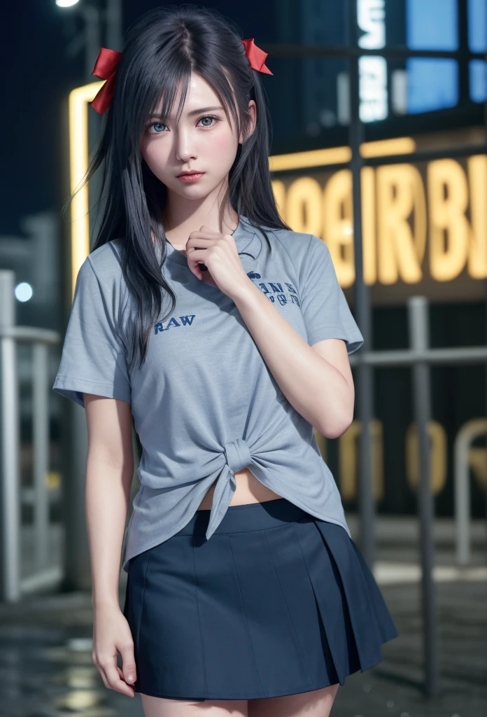 (8K, RAW Photos, Tabletop:1.3), (Realistic, Photorealistic:1.37), (night), (View your viewers:1.331), (Gray Hair), Pause, Tokyo Street, nightの街並み, Cyberpunk City, Soft Light, One Girl, Very beautiful face, bust, Put your hands down, Random hairstyle, Angry expression, Big eyes, Lower abdomen, (Short sleeve .Hmph_shirt), Hmph_style, (Dark Blue AJC_skirt), (Bow Ticker_tie), Mix 4., Highest quality、My hair is soaked from the rain、Angry face、Slap the viewer、Claps towards the audience