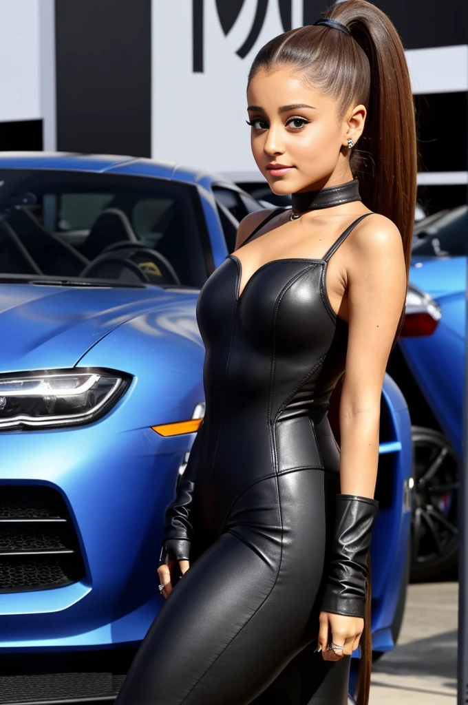 Ariana Grande, wearing a short leather bodysuit, stands next to the supercar , close-up face