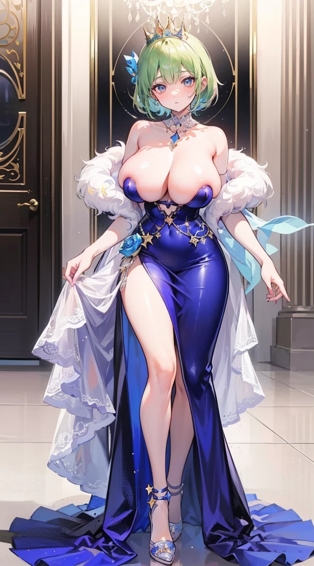 beautiful woman，smile，(light green short hair)，nobility，(princess)，blue student，Tall figure，((Strapless dress))，low skirt，(Star evening dress)，lolita skirt，Show your legs，Crystal heels，red carpet，prom website，(nobility)，(big tits),big breasts,Show your breasts,The cracks are clear...,((big tits))，(pubic bone), rift, visible chest, ((bare breast:1.37)), I see bulging nipples.,(((large areolae:1.4,pink,The nipples are clearly visible.....))),
