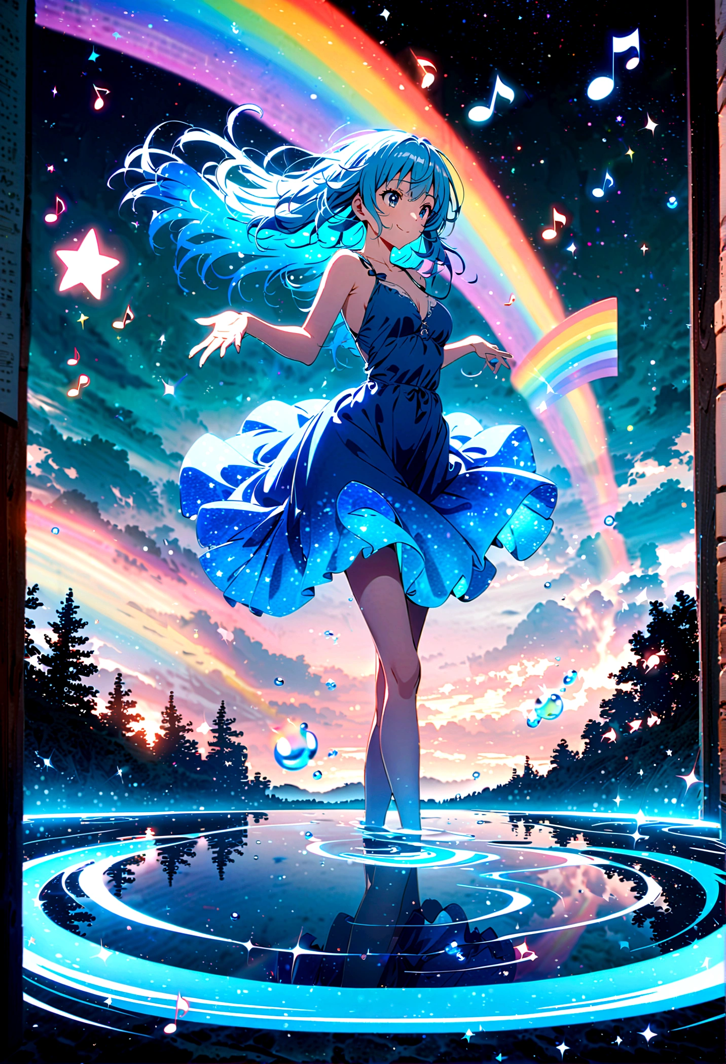 Anime style, ultra-detailed, 8K CG, blue-haired girl, smile, blue world, mysterious blue objects floating, star, (musical note), rainbow, blue dress, reflection, rainbow-colored water dancing around her. Rotating rainbow-colored water.