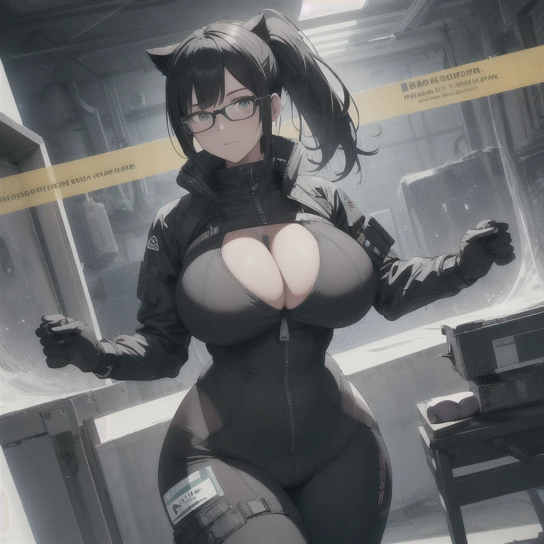 Absurd resolution,high resolution,(masterpiece: 1.4),hyper-detail,fullbody shot,head to toe,full frontal camera perspective,solo,shorter,standing,glasses,kemono feline cat futanari,no skin other than neck and head shown,watertight environmental suit,black hair,messy ponytail,cute face,detailed soft grey luminous eyes,huge massive hyper super swollen heavy milky breasts,breasts so big that cover her whole torso and are bigger than her head while being so big they reach her bellybutton,extremely super large swollen perky heavy bust,super huge enormously gigantic tits,gigantic breasts stretching/straining out of her outfit looking like they are about to burst out,breasts compressed squishing barely contained in outfit,inflated breasts,breast_expansion,super gigantic swollen heavy tits,wide full hips,narrower torso and shoulders,smaller torso,narrower waist,full thicc big soft thighs,thicc big full thighs,big rounded full soft butt,thicc butt,ruggedized utility styled outfit,fully insulated suit,full body outfit coverage with no skin showing or revealed,airtight/watertight zippers and seals,scifi monochrome black and grey fullbody covering protective padding rugged loose-fitted pilot utility suit with strategically placed protective padding,white watertight zipper utility cropped top for breasts support with a black strap horizontal across cleavage worn on top of suit,tactical strategic angular-patterned protective padding on hips and thighs and abdomen,practical/functional clothing,weather-proof durable clothing material,nylon clothing material,custom made clothing to fit and support large breasts,scifi padded rugged rigid high collar cropped cutout fitted techwear jacket,armored high collar,white and black triangular decals and techwear iconography on apparel and clothing,techwear gloves,ruggedized tech,ruggedized tech aesthetic,fitted utility pants,utility chaps,near future scifi,cyberpunk aesthetic,anime aesthetic,tactical aesthetic,nasapunk apparel,death stranding