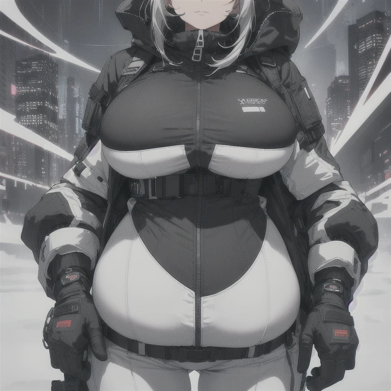 Absurd resolution,high resolution,(masterpiece: 1.4),hyper-detail,fullbody shot head to toe,full frontal camera perspective,solo,shorter,standing, glasses,kemono feline cat futanari, , puffy inverted nipple silhouette,no skin other than neck and head shown,pilot suit with crotch padding,black hair,messy ponytail,cute face,detailed soft grey luminous eyes,huge massive hyper super swollen heavy milky breasts,breasts so big that cover her whole torso and are bigger than her head while being so big they reach her belly button,extremely super large swollen perky heavy bust,super huge enormously gigantic tits,gigantic breasts stretching/straining out of her outfit looking like they are about to burst out,breasts compressed squishing barely contained in outfit,inflated breasts,breasts_expansion,super gigantic swollen heavy tits,wide full hips,narrower torso and shoulders,smaller torso,narrower waist,full thicc big soft thighs,thicc big full thighs,big rounded full soft butt,thicc butt,ruggedized utility styled outfit,fully insulated suit,full body outfit coverage with no skin showing or revealed,airtight/watertight zippers and seals,scifi monochrome black and grey fullbody covering protective padding rugged loose-fitted pilot utility suit with strategically placed protective padding,white zipped utility cropped top for breasts support with a black strap horizontal across cleavage worn on top of suit,tactical strategic angular-patterned protective padding on hips and thighs and abdomen,practical/functional clothing,weather-proof durable clothing material,nylon clothing material,custom made clothing to fit and support large breasts,scifi padded rugged rigid high collar cropped cutout fitted techwear jacket,armored high collar,white and black triangular decals and techwear iconography on apparel and clothing,techwear gloves,ruggedized tech,ruggedized tech aesthetic,fitted utility pants,utility chaps,near future scifi,cyberpunk aesthetic,anime aesthetic,tactical aesthetic