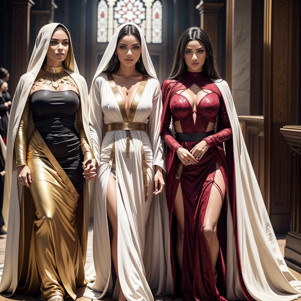 2 beautiful woman, ((standing face to face)), one in a (white/gold gedi robe), one beautiful woman in a (black/red sith lord costume), 2 women, star wars, hyperrealistic, 8k, highly detailed, photorealistic, dramatic lighting, cinematic composition, intricate costume details, elegant poses, dynamic movement, moody color palette, dramatic shadows, vivid colors, stunning visuals