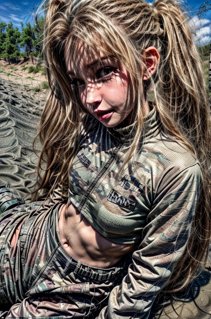 1 girl, military camo outfit, sand, blonde hair, ponytail, brown eyes, female waist, solo, freckles, full body,