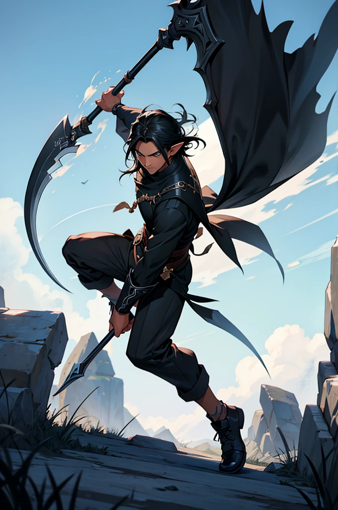 Mature man, long black hair, dark skinned, elf, battle mage outfit, swinging a black scythe, action pose