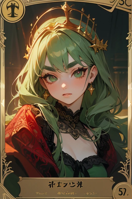 (Highest quality, masterpiece:1.2), High resolution, Very detailed, Realistic:1.37, Fantasy, An illustration, Green Eyes、Queen, ((Red lace swimsuit)).Platinum decoration、beautifully、Eyeshadow Red、Thick eyebrows、Long eyelashes、pupils are black、Her hair is dark green、Gold crown、Kissing Face、Embarrassing、Beloved by the crowd、Hair is green、Braiding、hair ornaments、Save a face image、(Tarot Card Style)