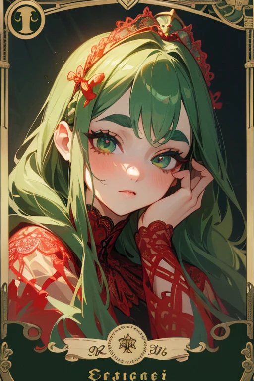 (Highest quality, masterpiece:1.2), High resolution, Very detailed, Realistic:1.37, Fantasy, An illustration, Green Eyes、Queen, ((Red lace swimsuit)).Platinum decoration、beautifully、Eyeshadow Red、Thick eyebrows、Long eyelashes、pupils are black、Her hair is dark green、Gold crown、Kissing Face、Embarrassing、Beloved by the crowd、Hair is green、Braiding、hair ornaments、Save a face image、(Tarot Card Style)