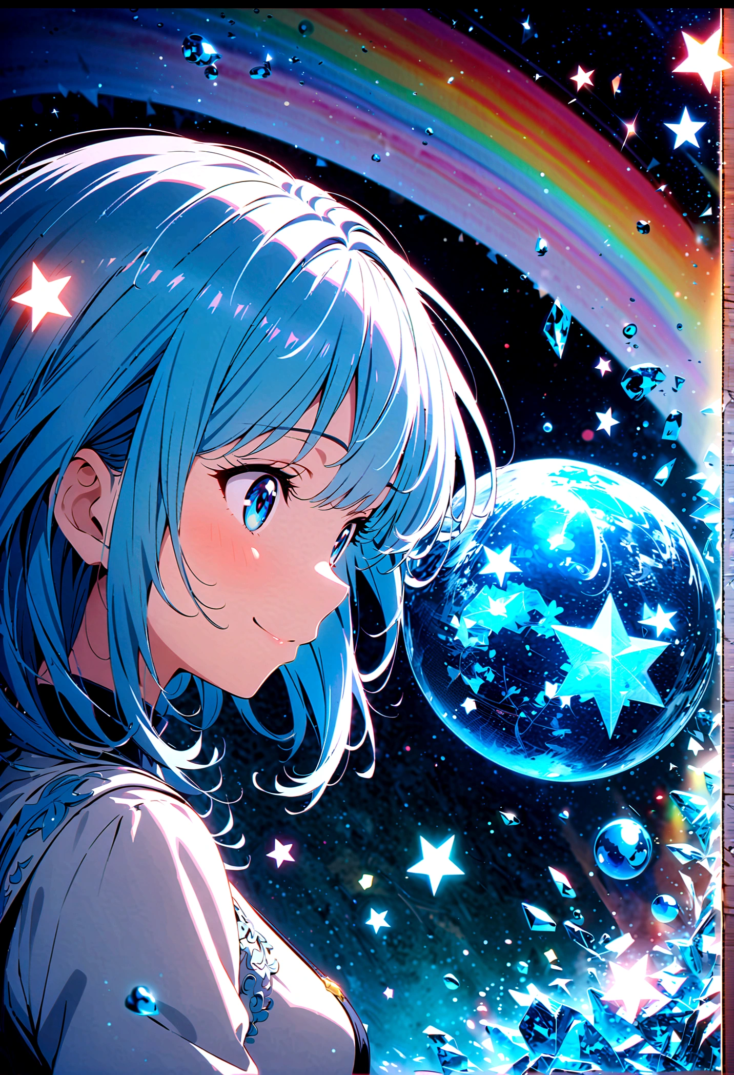 Anime style, ultra-detailed, 8K CG, blue-haired girl, smile, blue world, mysterious blue objects floating, star, musical note, rainbow