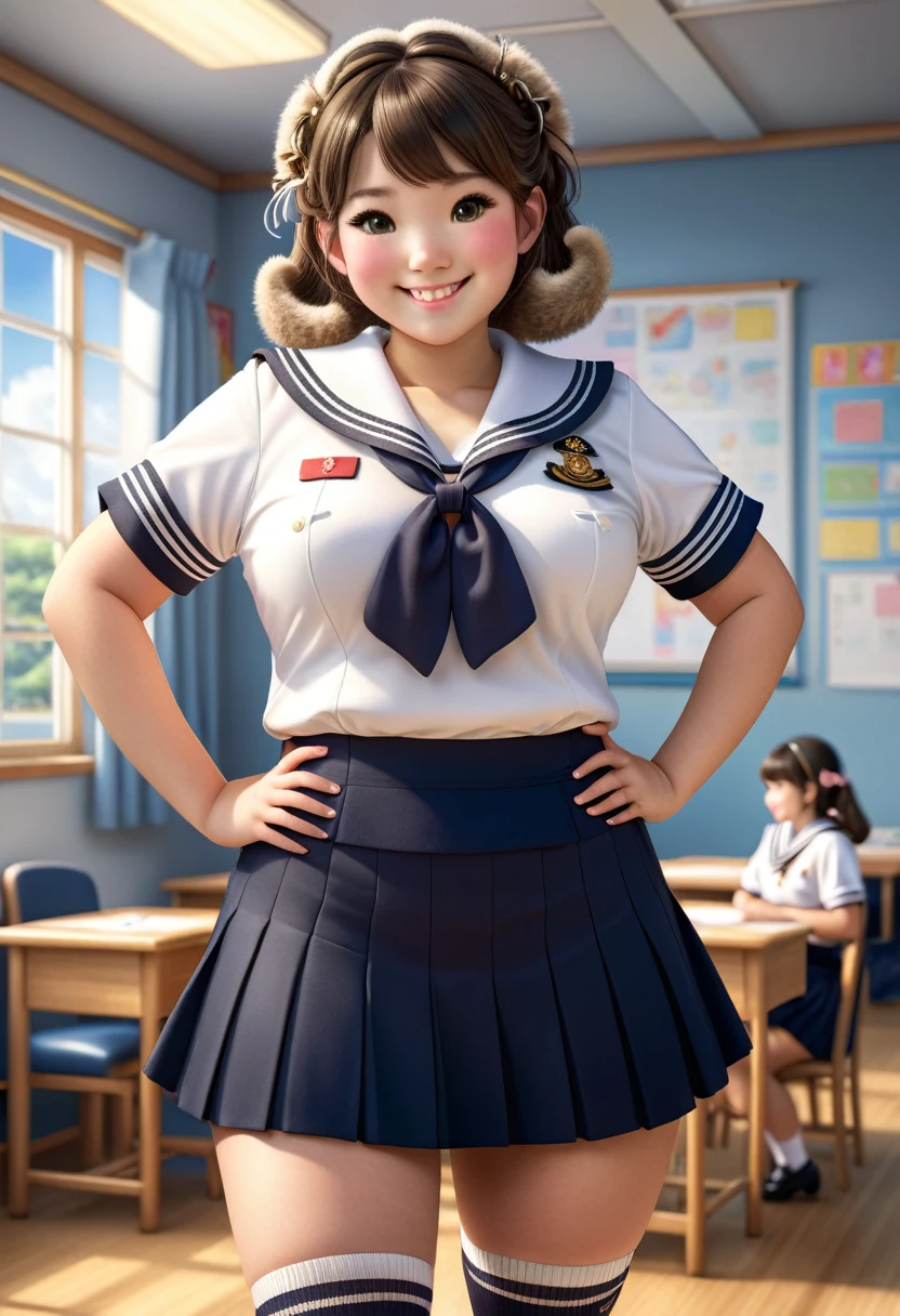 Realistic portrait of clothed animals - ((Chubby)) (puppy) student,(Furry),(Graceful pose:1.5),(Hands on hips:1.5),(Smiling:1.5),High quality,(),(adorable),Exquisite detail,Wearing Japanese sailor uniform,(),Highly detailed ((Female sailor uniform)),Highly detailed outfit,Knee socks,(Happy),Soft lighting,(Full body image:2.0),Classroom background,Clouds,Score 9,Score 8_up,Score 7_up,Score 6_up,Score 5_up,Score 4_up,