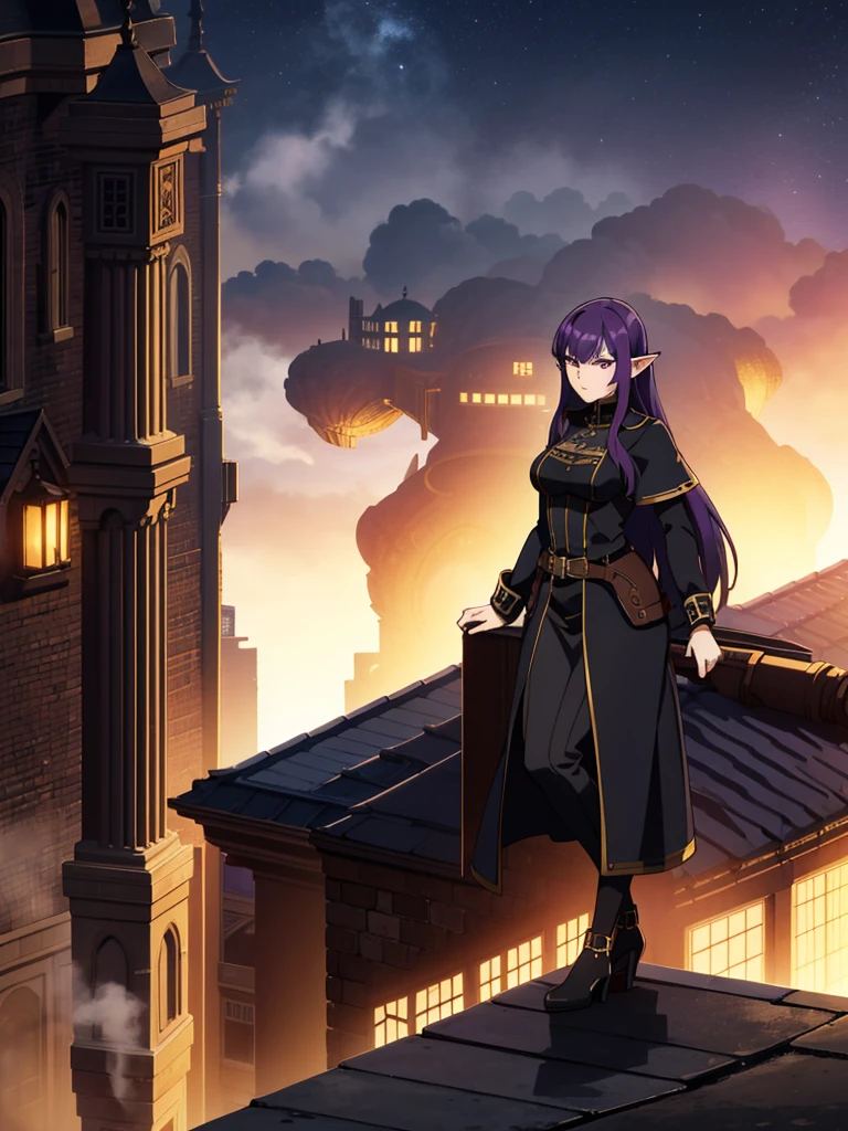 night,steampunk city,fatory,fog,smoke,on top of a roof,1mature woman,serious,black elegant outfit,purple hair,long hair,elf ears,crouched