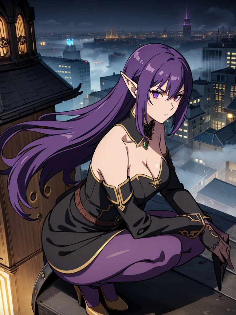 night,steampunk city,fatory,fog,smoke,on top of a roof,1mature woman,serious,black elegant outfit,purple hair,long hair,elf ears,crouched