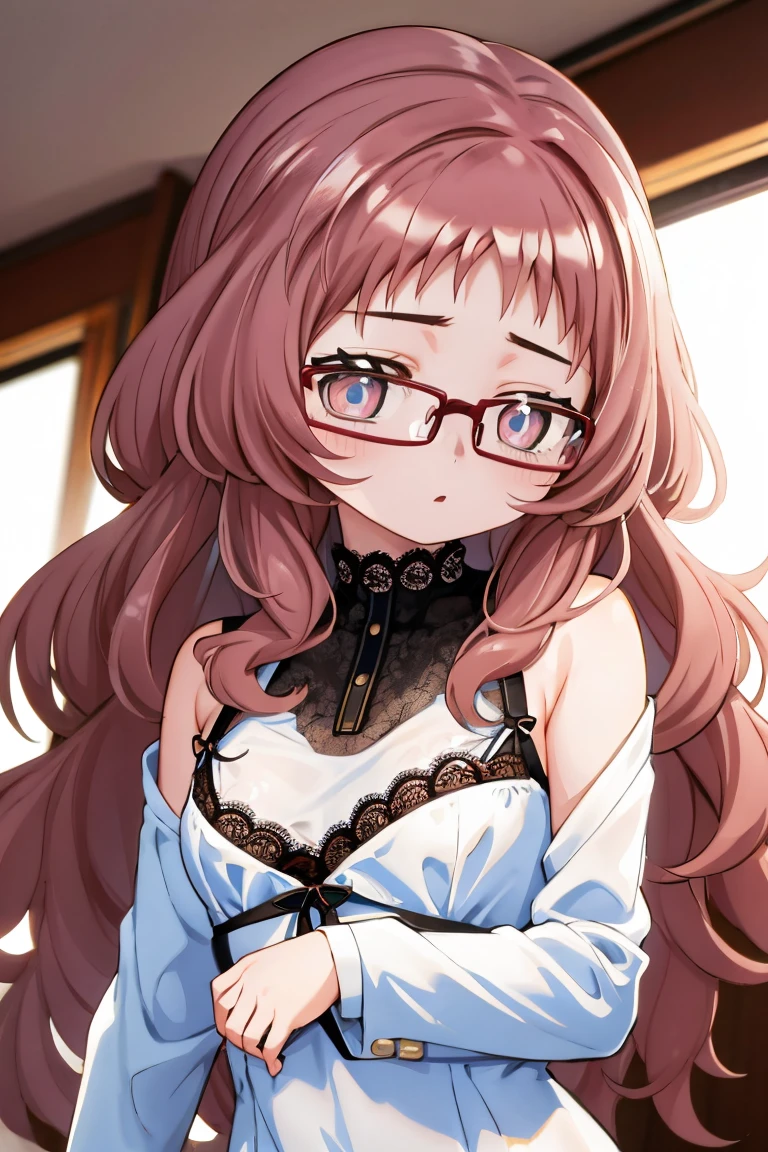 Mie Ai、1 girl、Wavy hair、glasses、small breasts、he is short、、High resolution、highest quality、detailed face、detailed eyes、wearing lace lingerie