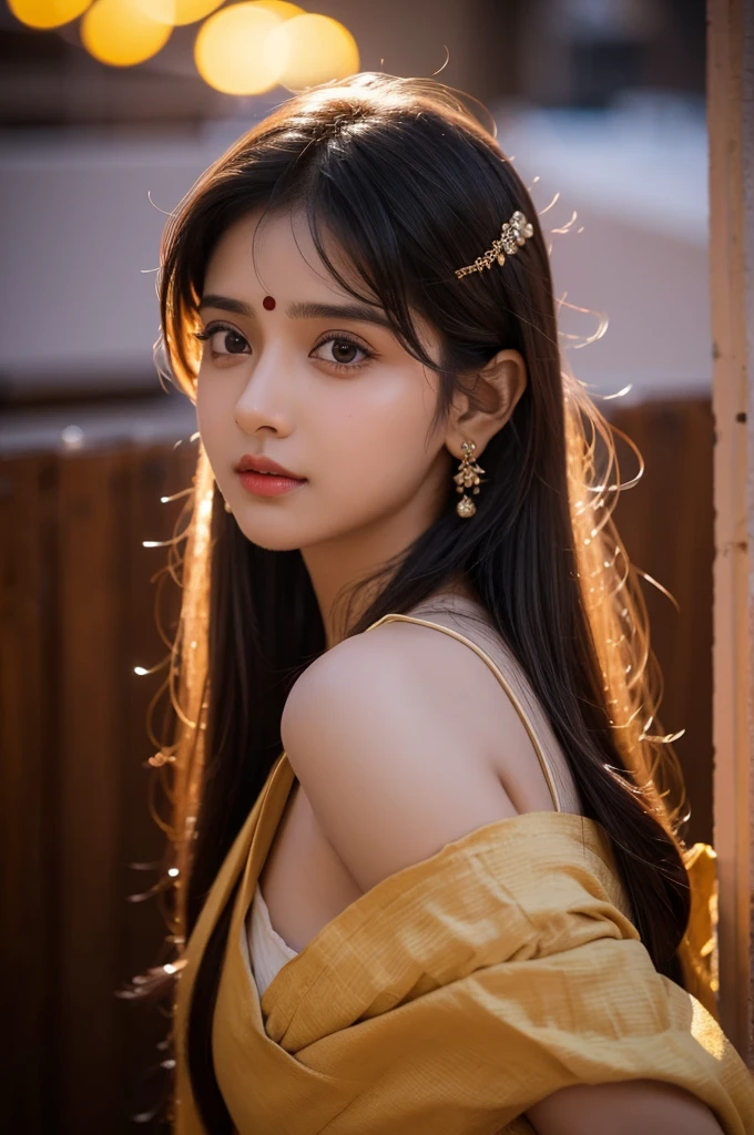 A  beautiful girl in blie  glowing eyes ware saare and 