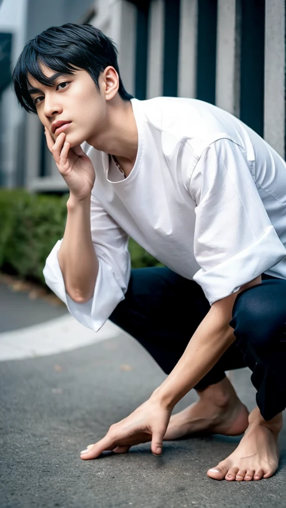 The person is also generated vertically.
Background is a little horror.Create a highly detailed image of a mysterious and thoughtful male character in a crouching position. The character should have spiky black hair and large, intense eyes. He is dressed in a loose-fitting white shirt and dark pants, with bare feet. The character's pose should convey deep contemplation, with one hand touching his lips and the other resting on the ground for balance.