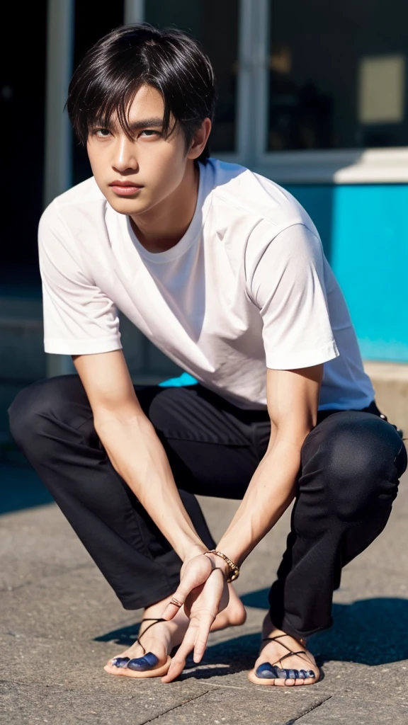 The person is also generated vertically.
Background is a little horror.Create a highly detailed image of a mysterious and thoughtful male character in a crouching position. The character should have spiky black hair and large, intense eyes. He is dressed in a loose-fitting white shirt and dark pants, with bare feet. The character's pose should convey deep contemplation, with one hand touching his lips and the other resting on the ground for balance.