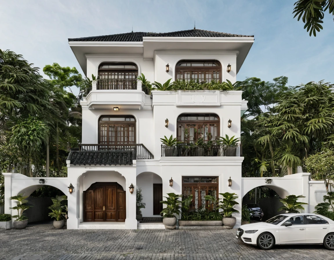 Render a 10-meter-wide, 6-story Indochine-style townhouse situated in an urban setting. The townhouse features an elegant white facade with traditional Indochine architectural elements, including arched windows, wooden shutters, and decorative railings. The roof is designed with a two-sided slope running from front to back, similar to the style of houses in Hoi An. The exterior walls are adorned with subtle, ornate details that reflect the Indochine style. Incorporate artistic wooden louver panels (lam gỗ) on the exterior for added visual interest and architectural depth. The ground floor includes a welcoming entrance with classic wooden furniture and traditional lanterns. The street is lined with cobblestone pavement, tropical plants, and urban elements such as street lamps and parked bicycles, creating a harmonious blend of traditional and urban aesthetics. 8k resolution, UHD, high-quality detail, Indochine style, 5-meter-wide facade, 3-story, white exterior, arched windows, wooden shutters, decorative railings, two-sided sloping roof, Hoi An style, classic wooden furniture, traditional lanterns, ornate details, artistic wooden louver panels, urban setting, street view, cobblestone pavement, tropical plants, street lamps, parked bicycles, harmonious blend of traditional and urban aesthetics.