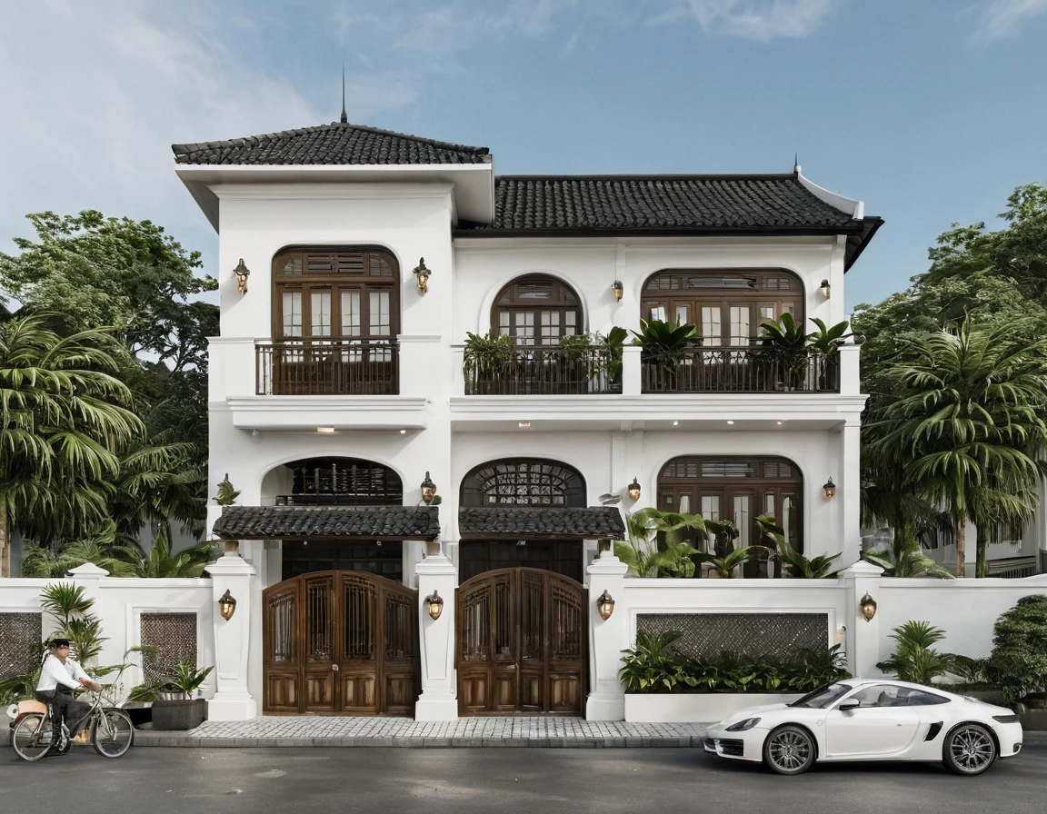 Render a 10-meter-wide, 6-story Indochine-style townhouse situated in an urban setting. The townhouse features an elegant white facade with traditional Indochine architectural elements, including arched windows, wooden shutters, and decorative railings. The roof is designed with a two-sided slope running from front to back, similar to the style of houses in Hoi An. The exterior walls are adorned with subtle, ornate details that reflect the Indochine style. Incorporate artistic wooden louver panels (lam gỗ) on the exterior for added visual interest and architectural depth. The ground floor includes a welcoming entrance with classic wooden furniture and traditional lanterns. The street is lined with cobblestone pavement, tropical plants, and urban elements such as street lamps and parked bicycles, creating a harmonious blend of traditional and urban aesthetics. 8k resolution, UHD, high-quality detail, Indochine style, 5-meter-wide facade, 3-story, white exterior, arched windows, wooden shutters, decorative railings, two-sided sloping roof, Hoi An style, classic wooden furniture, traditional lanterns, ornate details, artistic wooden louver panels, urban setting, street view, cobblestone pavement, tropical plants, street lamps, parked bicycles, harmonious blend of traditional and urban aesthetics.
