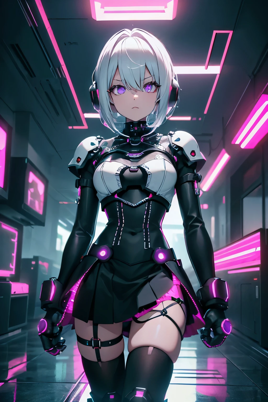 Android Girl,white hair,short and messy hair, purple neon eyes, Holding a chain whip,chains on the hands,chains action, very cute, skirt, white blouse, cyberpunk style, eletronic gloves, mecanic parts, eletronic details,living room background.HD lighting and dark )(epic image quality) dark atmosphere with bright particle light(many effects in background), dinamic shot, robot, neon tweaks, cyberpunk theme