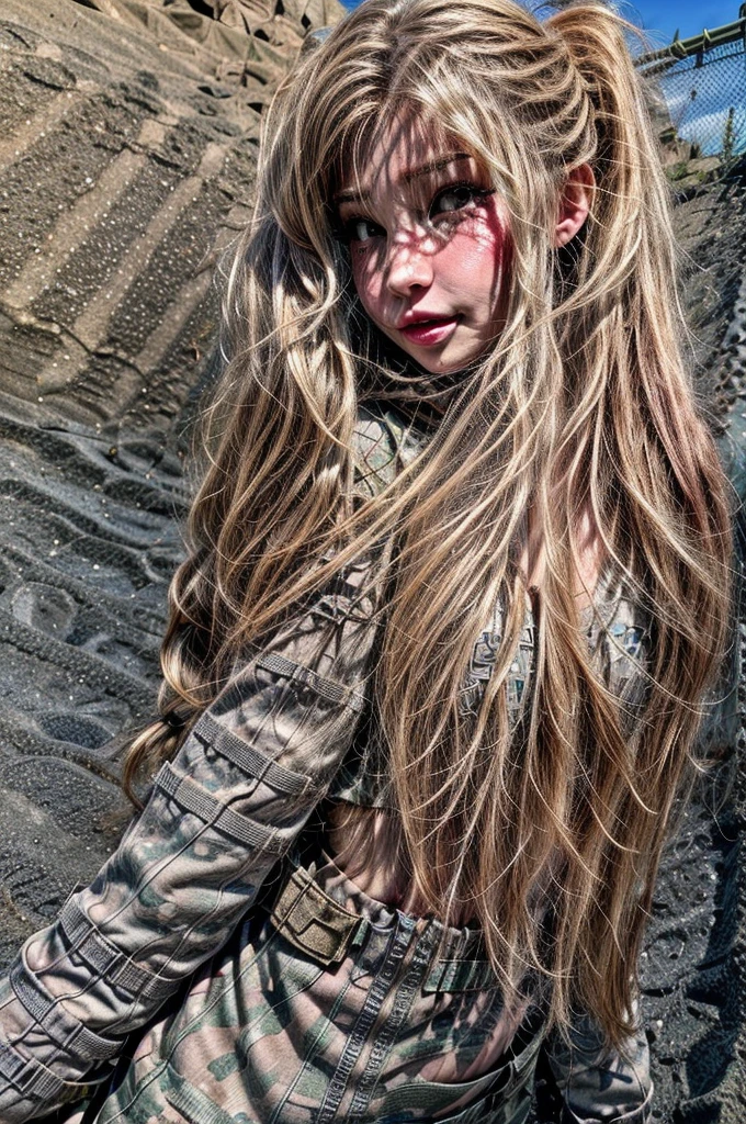 1 girl, military camo outfit, sand, blonde hair, ponytail, brown eyes, female waist, solo, freckles, full body,